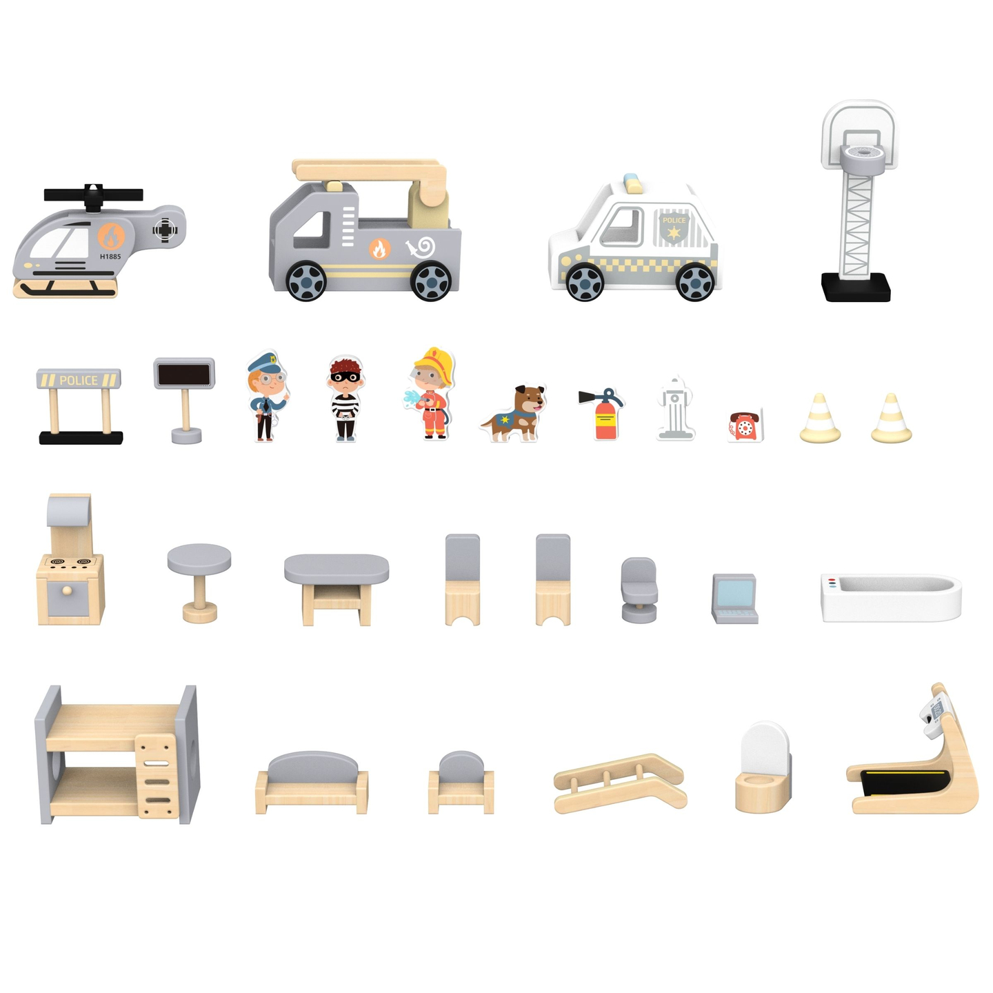 Didelė sulankstoma gaisrinė su policijos nuovada - medinis rinkinys. Gaisrinė ir policijos nuovada su priedais.