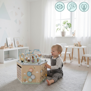 Didelis medinis edukacinis kubas - Montessori žaislas su magnetiniu traukiniu ir variklio kilpomis