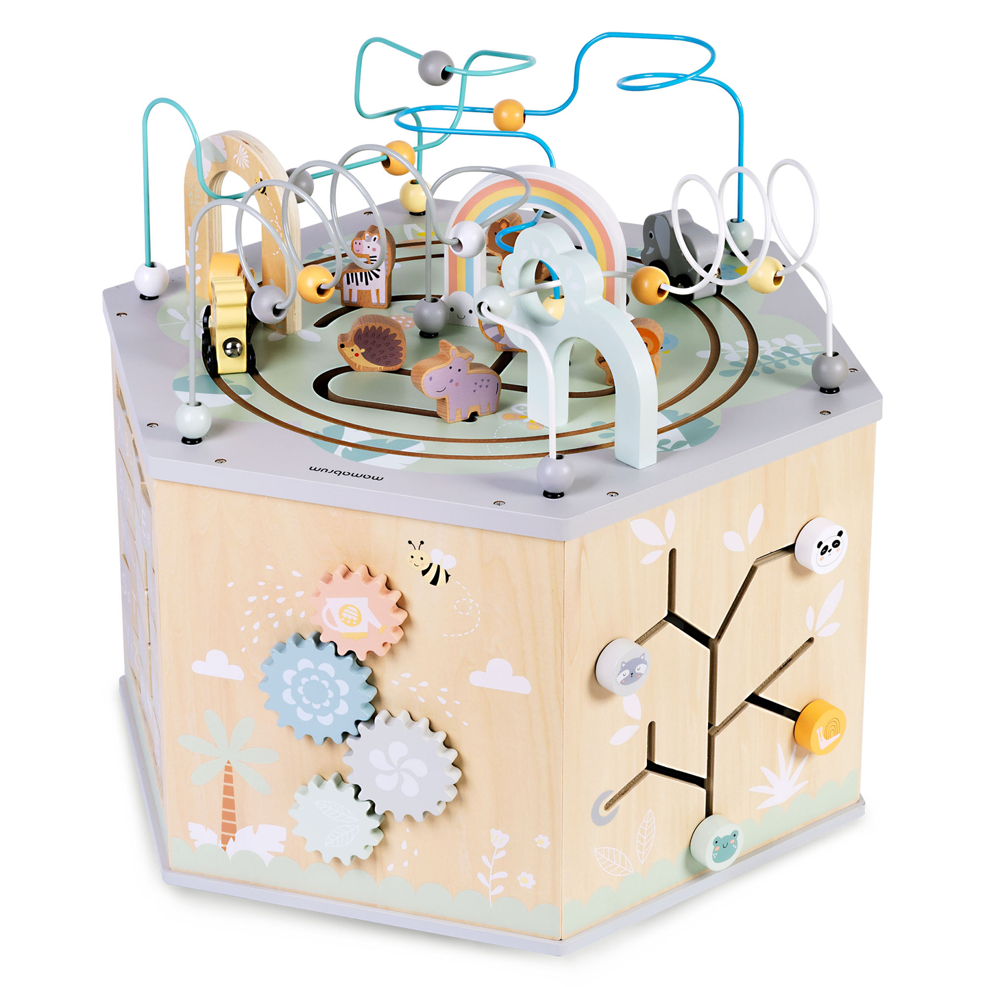 Didelis medinis edukacinis kubas - Montessori žaislas su magnetiniu traukiniu ir variklio kilpomis