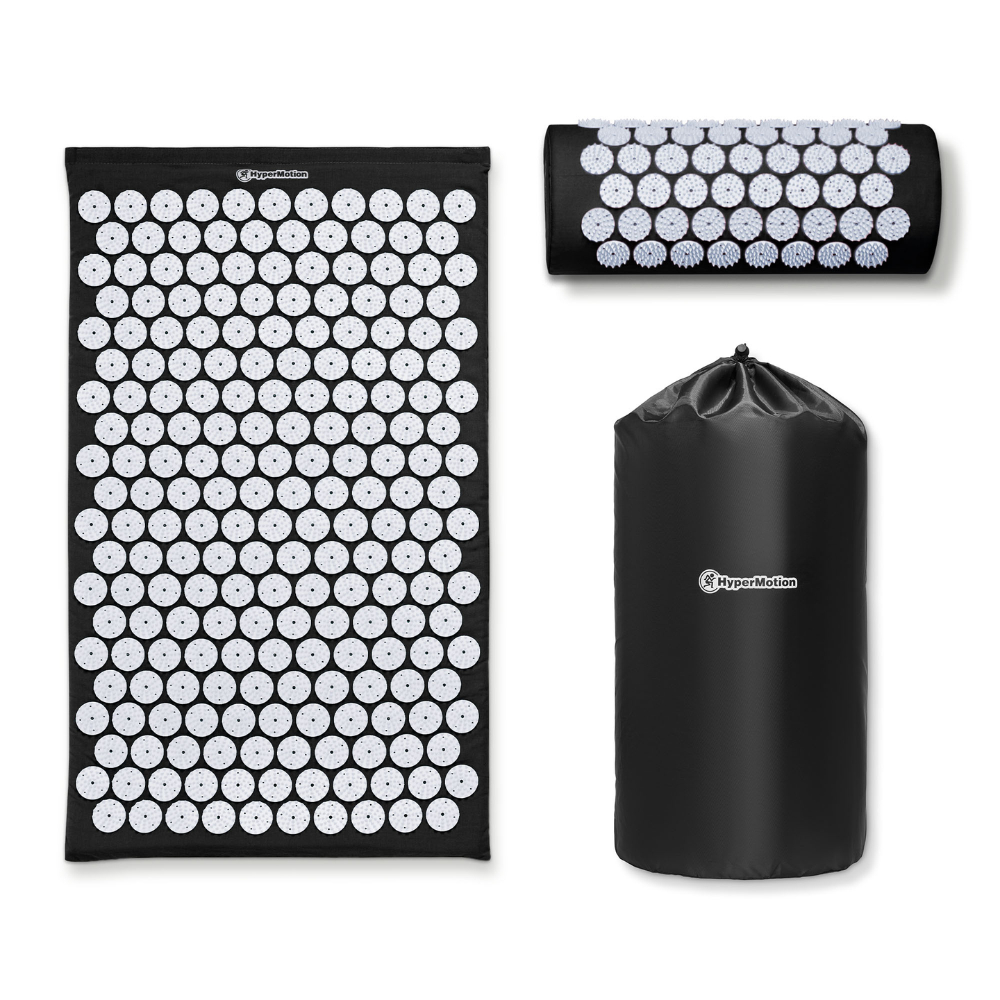 Akupresūros kilimėlis su pagalvėle ir užvalkalu – 72 cm „HyperMotion“ juodos ir baltos spalvos