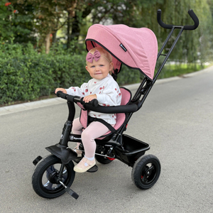 Triratukas 1-4 metų vaikams - TOBI FREY - rožinės spalvos - su pasukamais ratais + stūmiklis