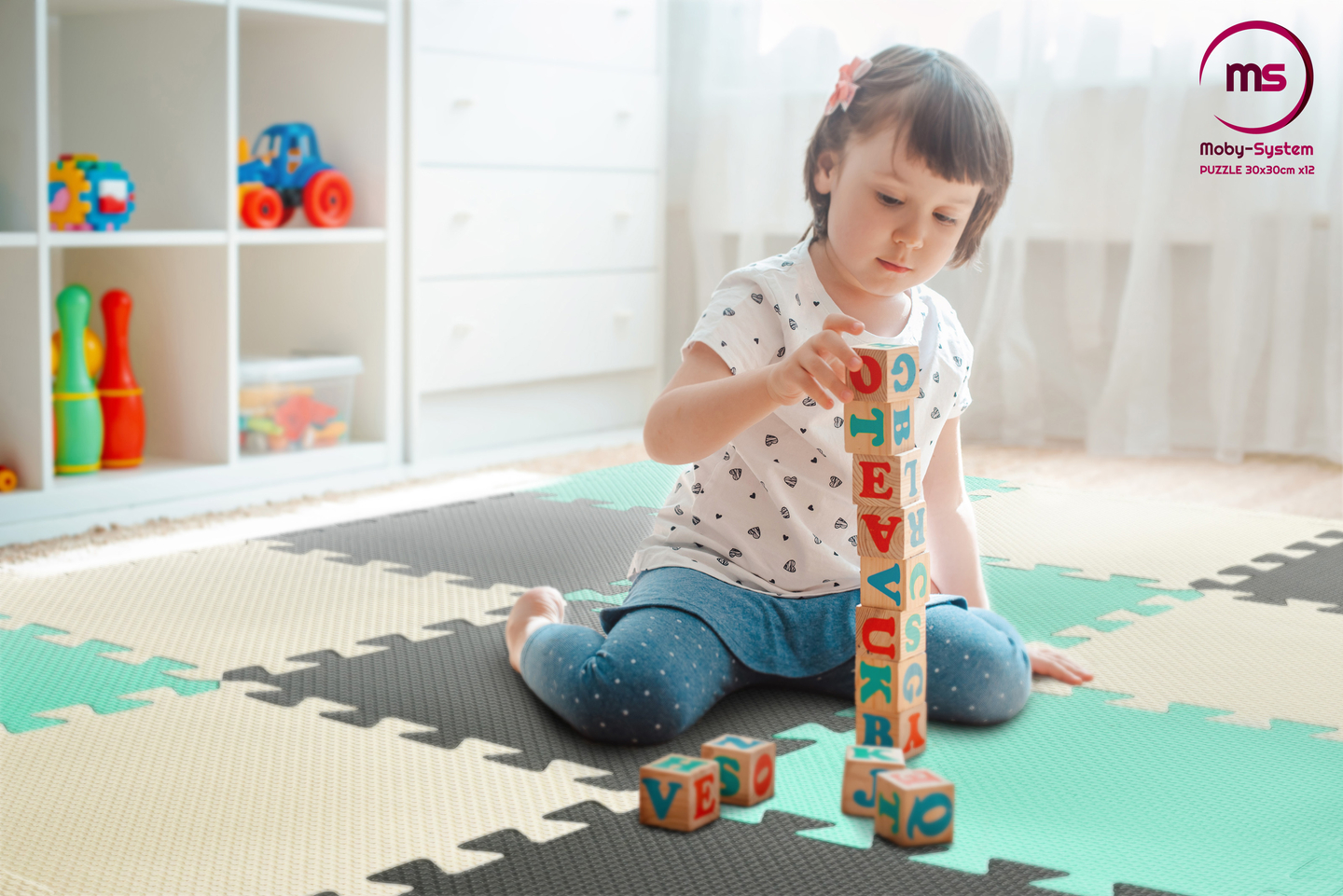 Putų dėlionė 12vnt. - mokomasis putų kilimėlis 120 x 90 x 1.2cm su apvadu - mėtų spalvos