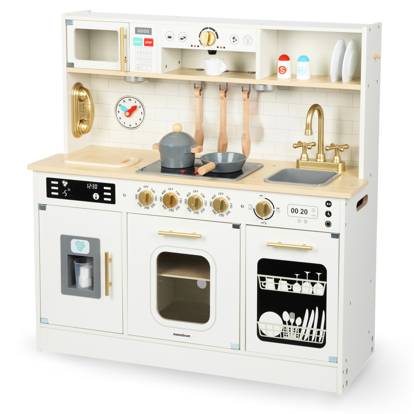 Interaktyvi XXL medinė virtuvė su priedais ir LED apšvietimu – dviejų lygių