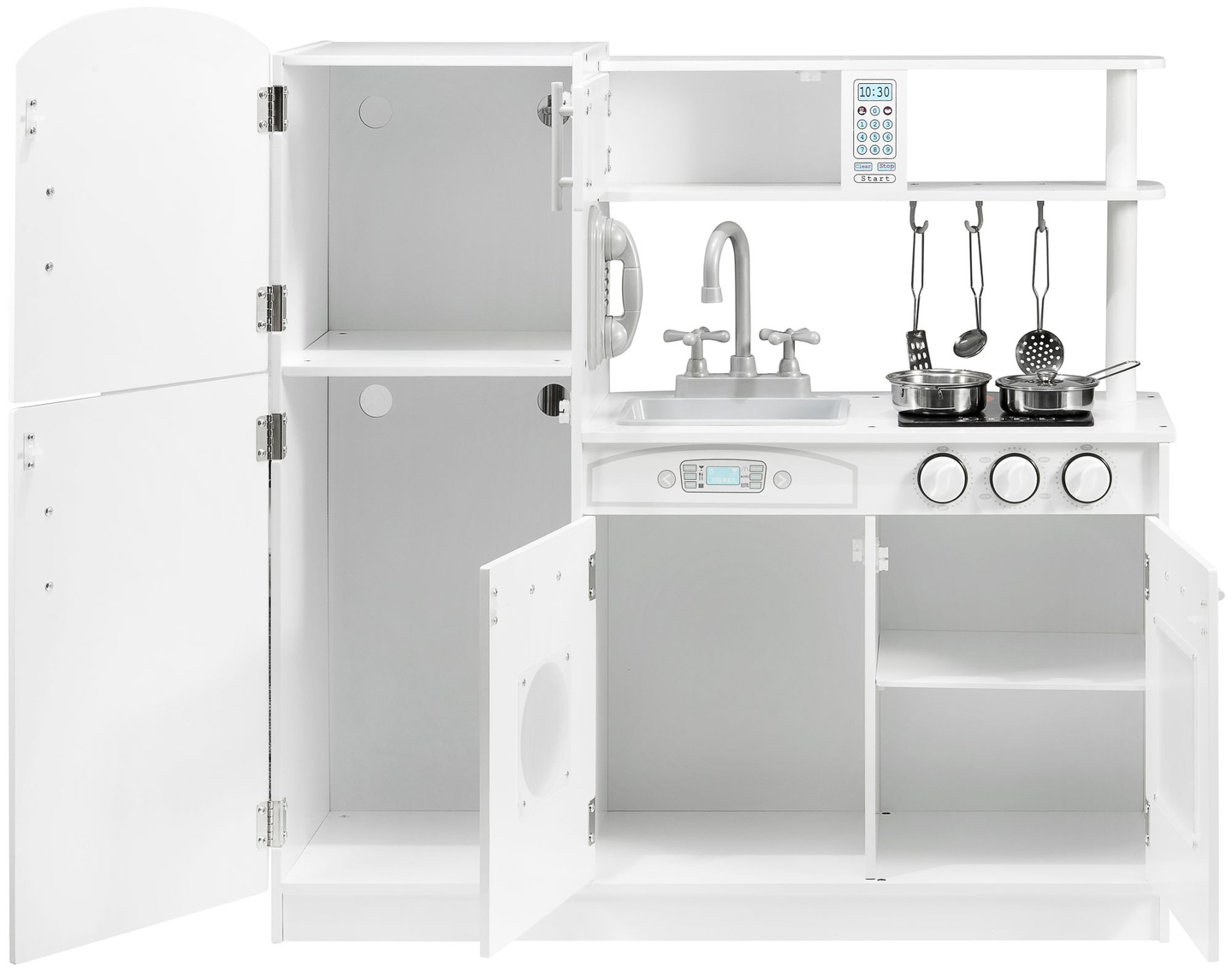 Dideli mediniai balti virtuvės reikmenys ir prijuostė