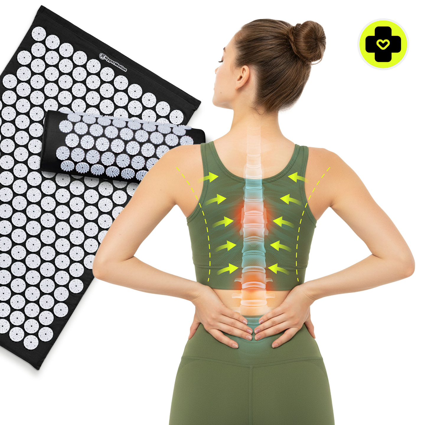 Akupresūros kilimėlis su pagalvėle ir užvalkalu – 72 cm „HyperMotion“ juodos ir baltos spalvos