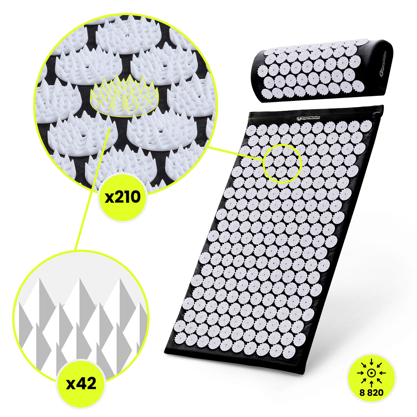 Akupresūros kilimėlis su pagalvėle ir užvalkalu – 72 cm „HyperMotion“ juodos ir baltos spalvos