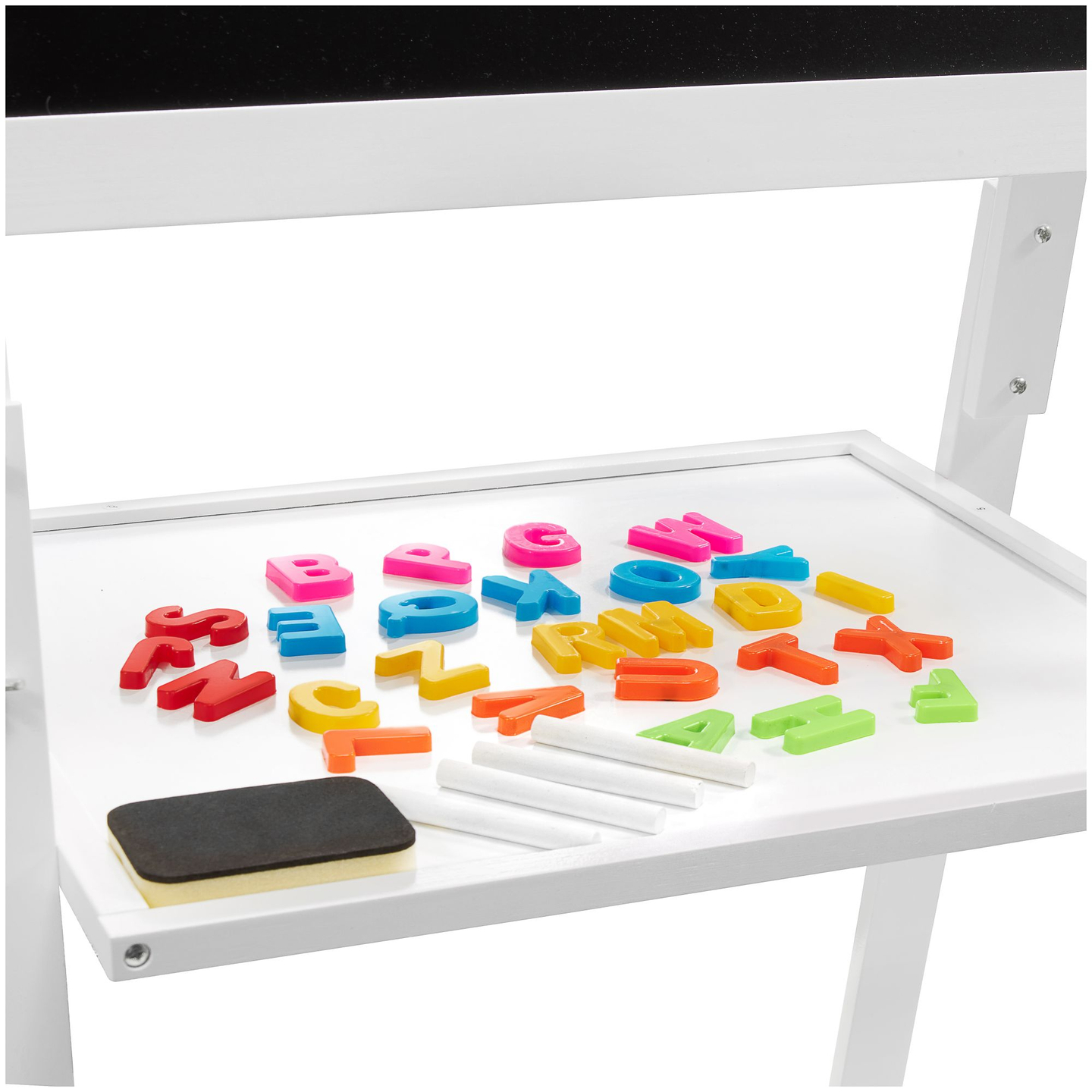 Edukacinė dvipusė lenta: magnetinė ir kreidinė - sausai nuvaloma, medinė, skirta vaikams, sulankstoma