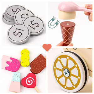 Medinė ledų salė vaikams - vežimėlis ant ratukų su priedais