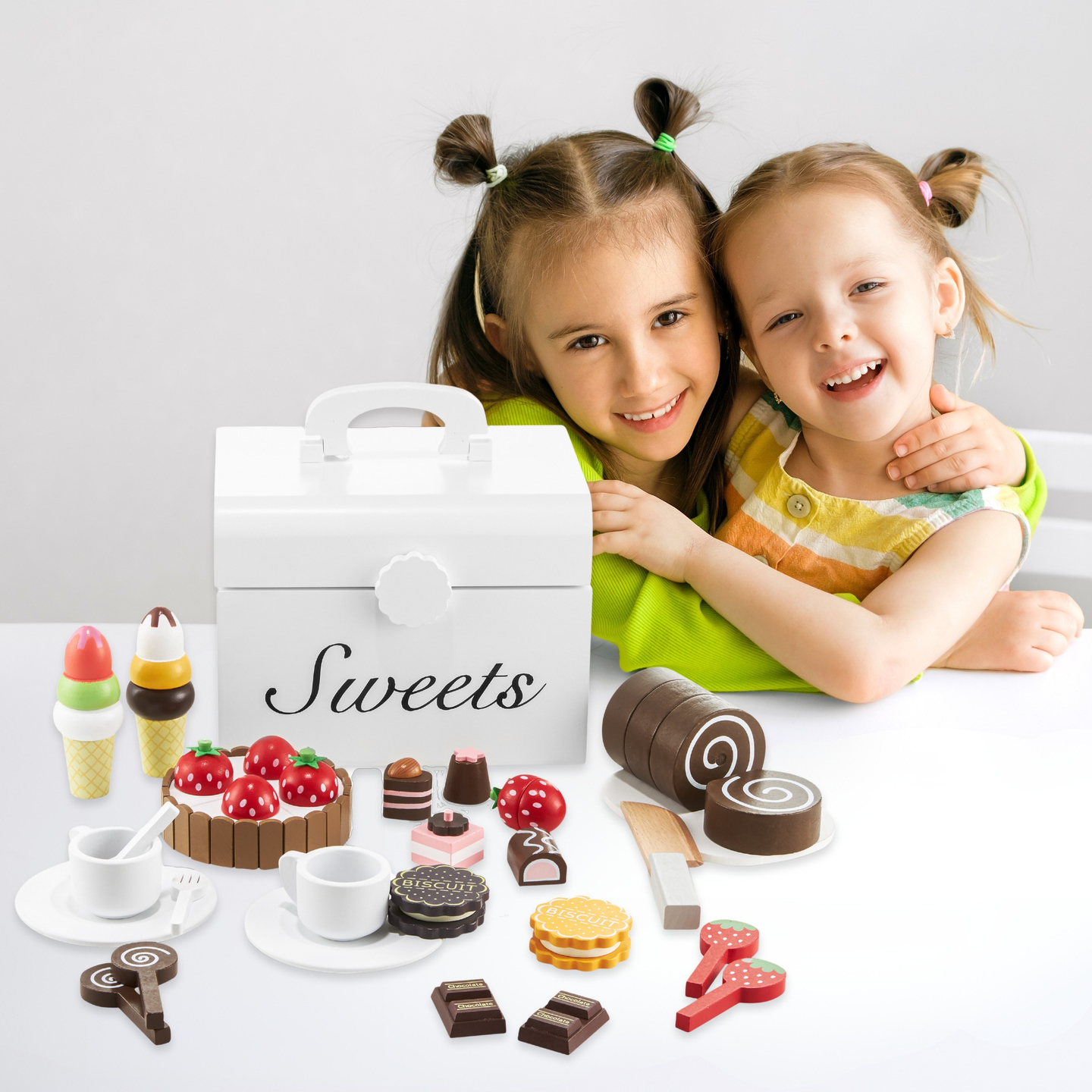 Medinė pjaustymo saldainių dėžutė, saldumynų parduotuvė