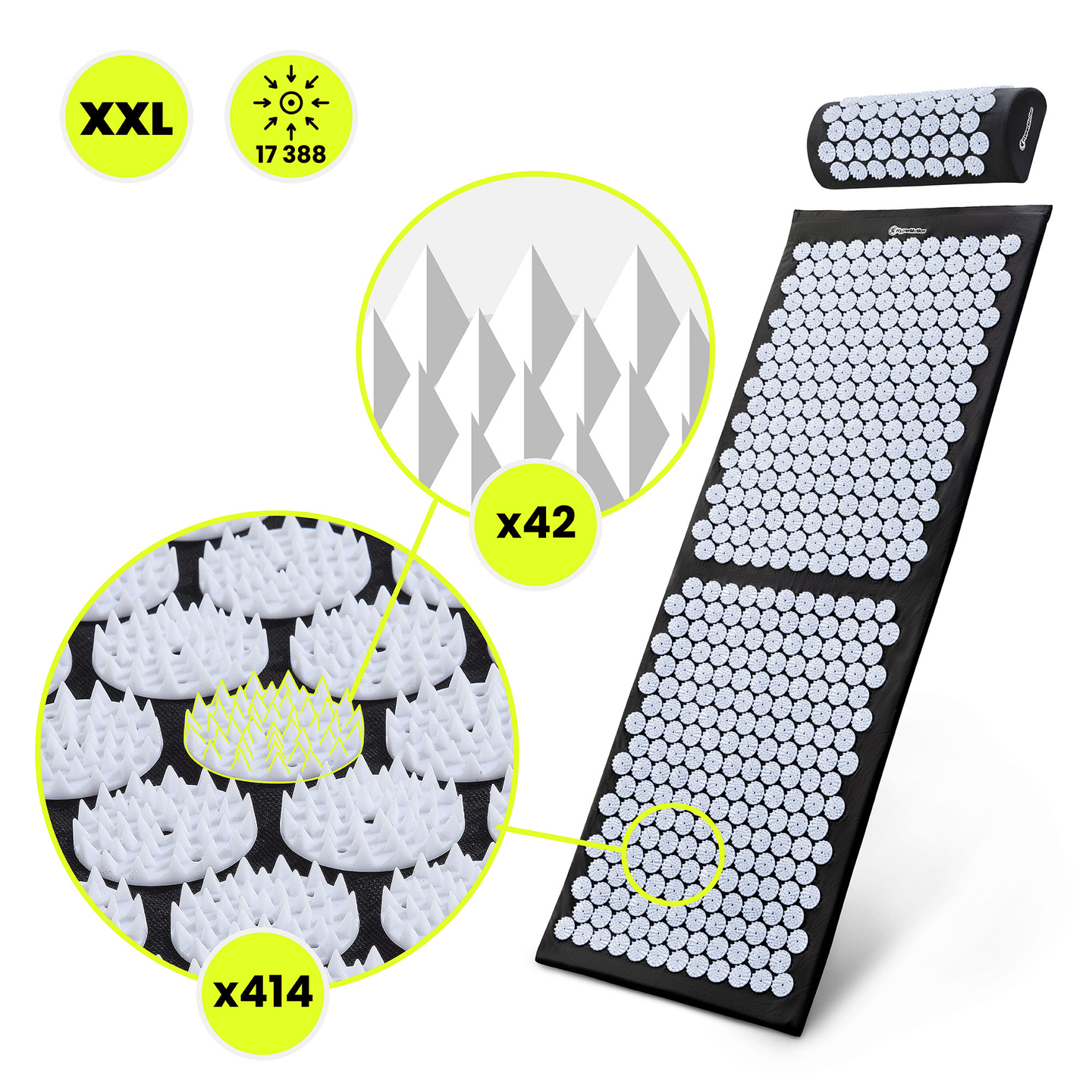 Didelis akupresūros kilimėlis su pagalvėle ir užvalkalu – 130 cm „HyperMotion“ juodos ir baltos spalvos