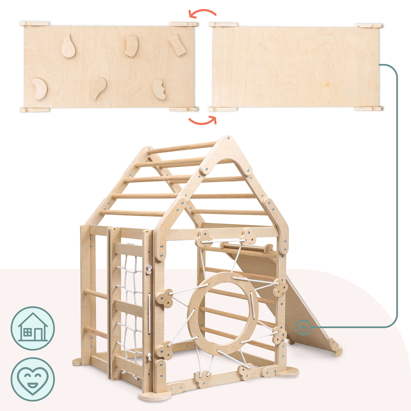 Medinė žaidimų aikštelė vaikams viduje – namelis su kopėčiomis ir čiuožykla