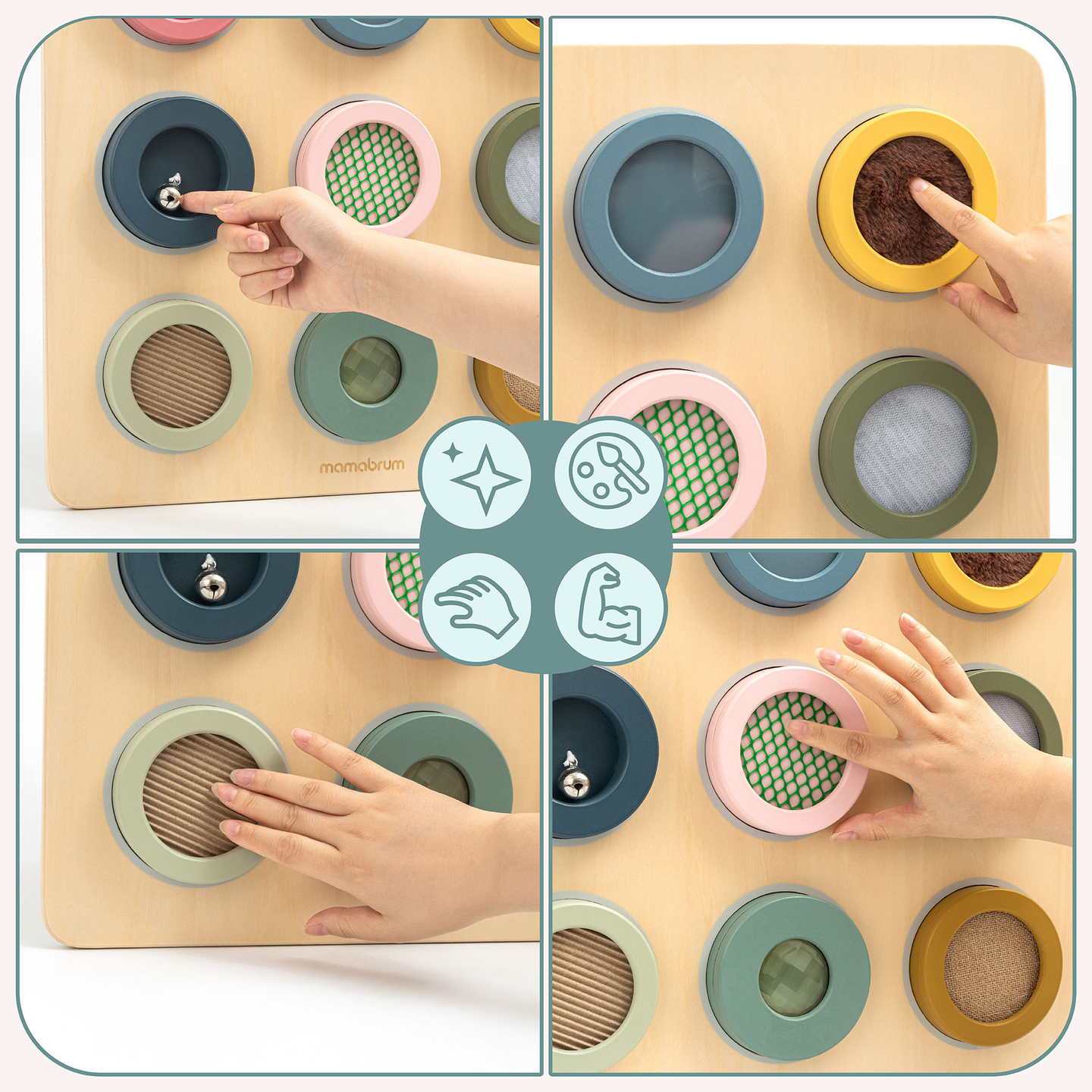 Medinė Montessori sensorinė lenta – 9 tekstūros, skirtos atrasti ir lavinti lytėjimo pojūtį