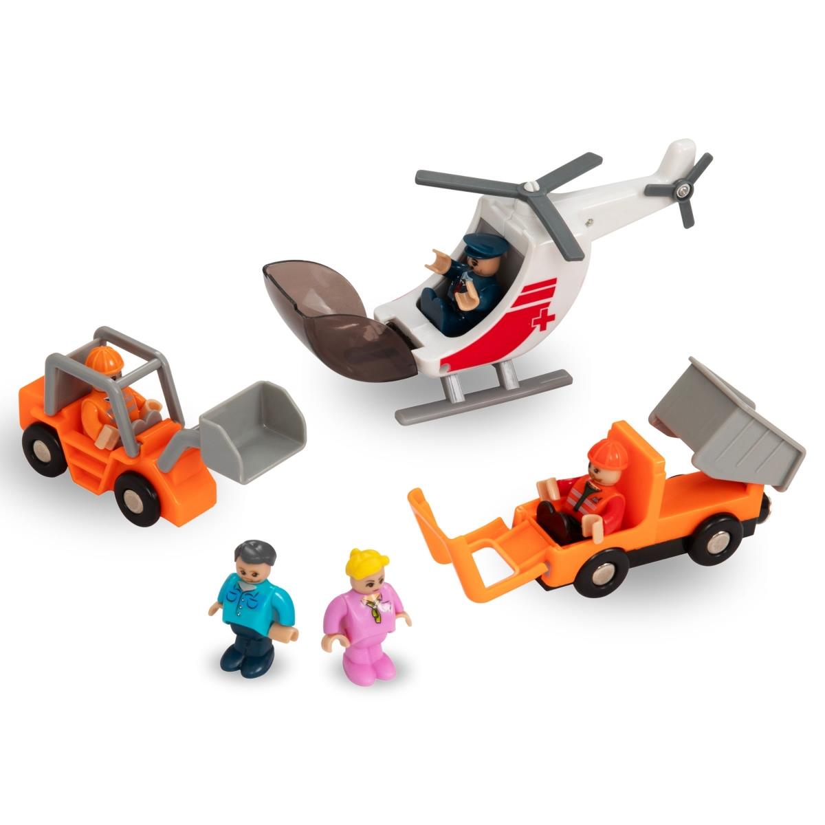 Medinis geležinkelis, akumuliatorinis traukinys - Miestas: bėgiai, automobiliai, tiltas, oro uostas