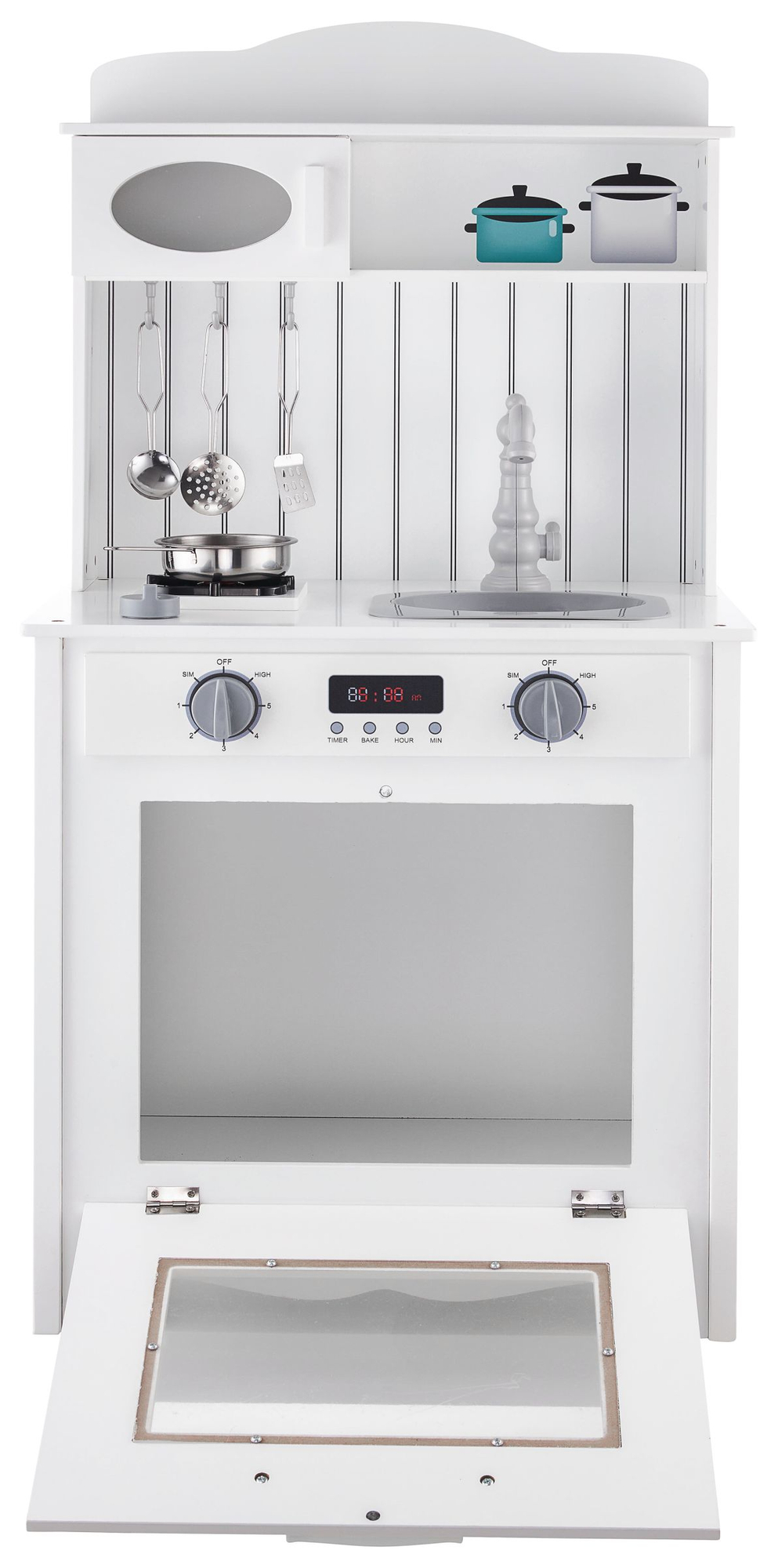 Balta medinė virtuvė su prijuoste, priedais ir LED lempa