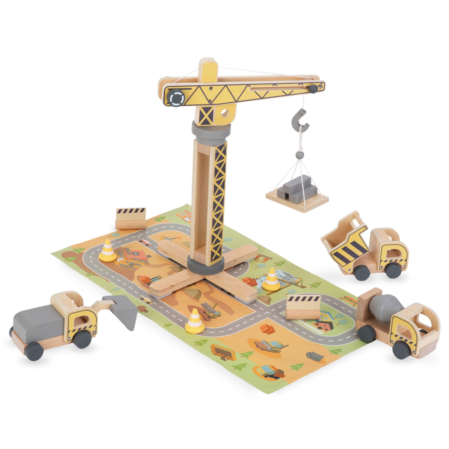 Medinė statybų aikštelė su dideliu mobiliuoju kranu ir transporto priemonėmis, bokštinis kranas