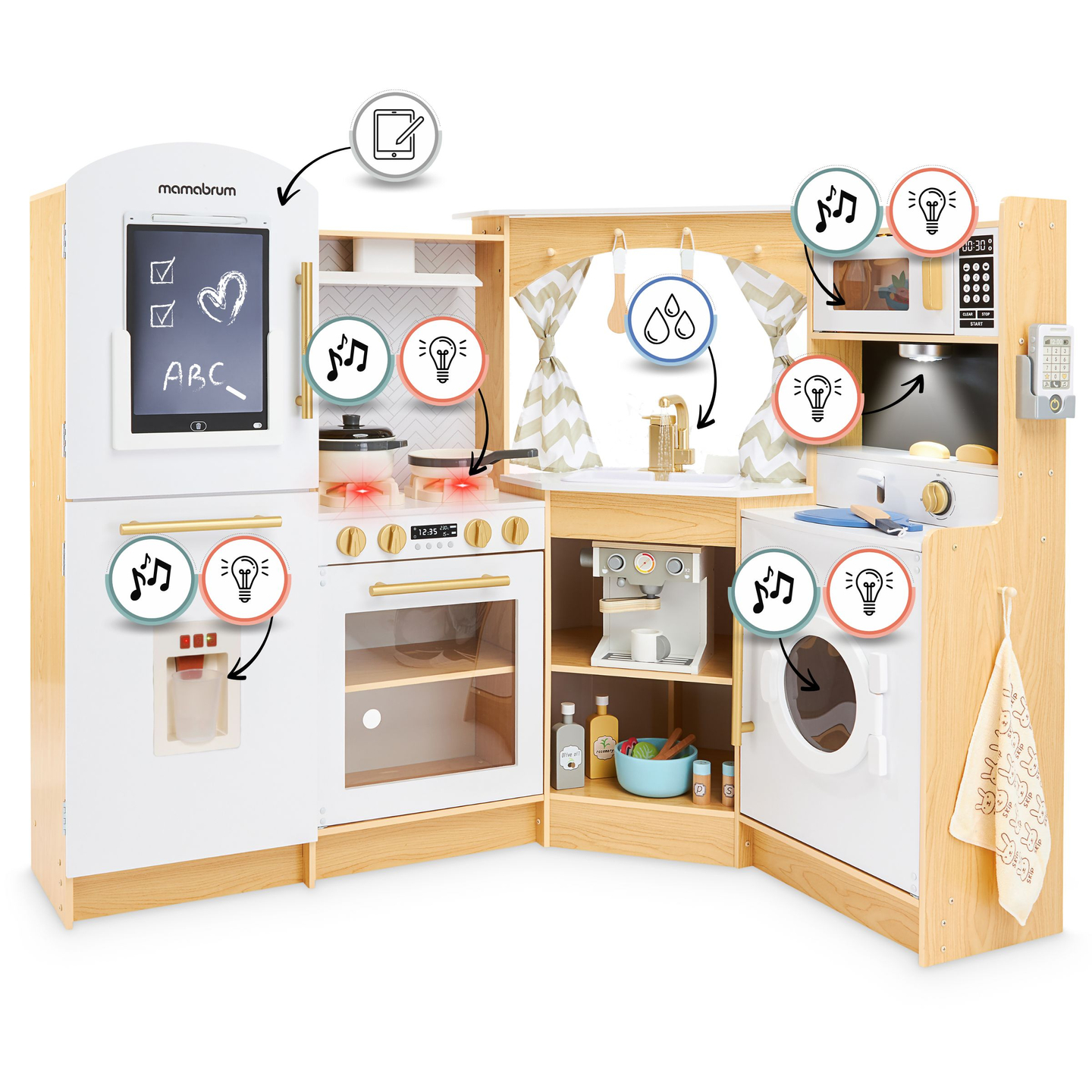 XXXXL didelė medinė interaktyvi virtuvė su LED apšvietimu, skalbimo mašina, mikrobangų krosnele, kavos aparatu, vaisių ir daržovių rinkiniu - 50 elementų