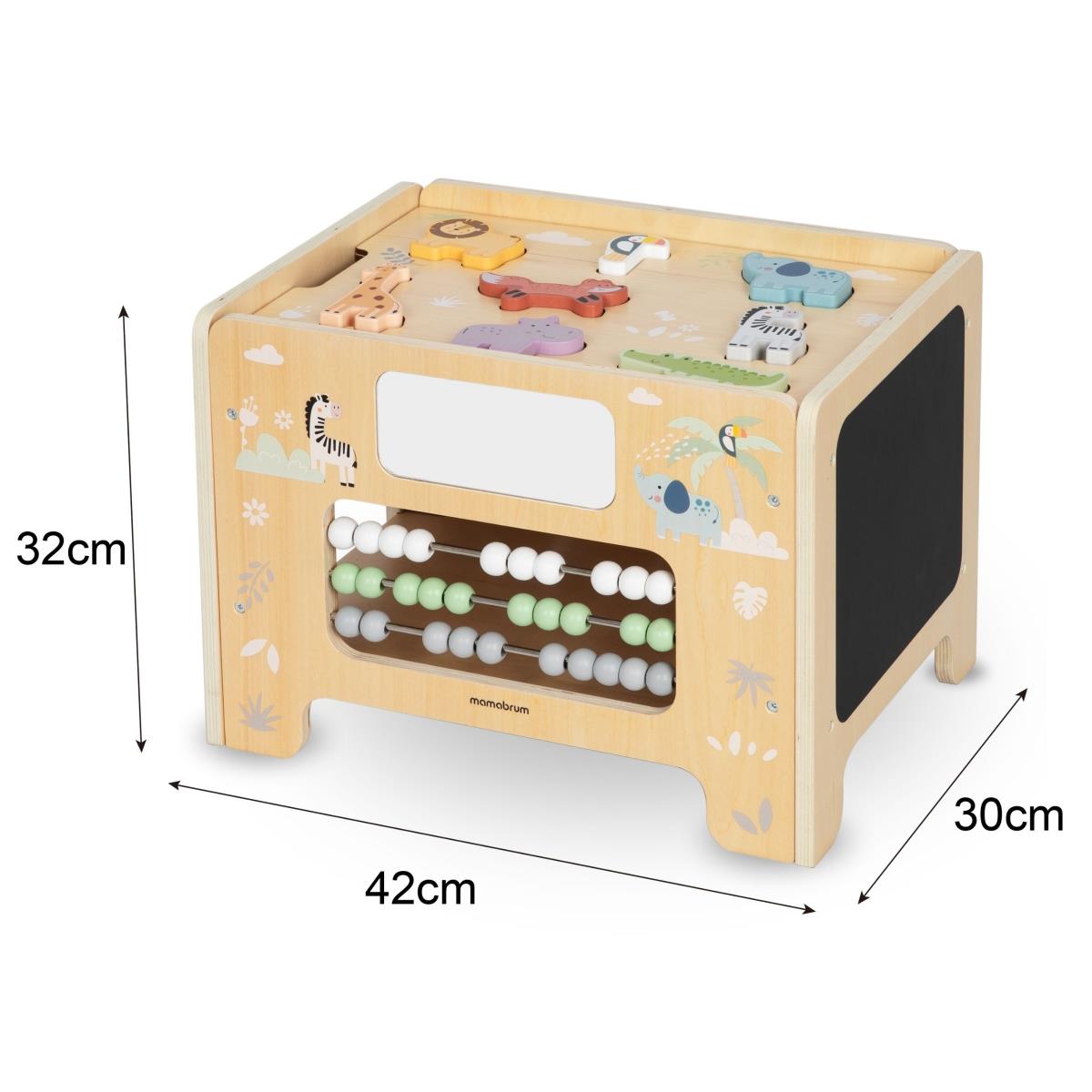 Medinė manipuliatorių dėžutė - Montessori lenta su gyvūnų figūrėlėmis ir sėdyne