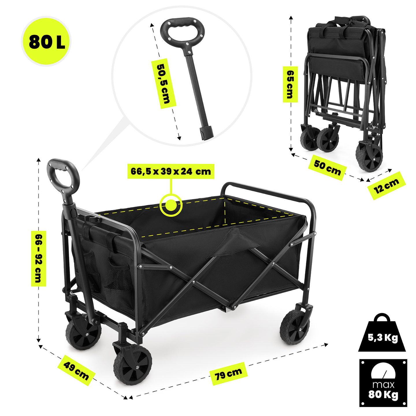 "HyperMotion" sulankstomas paplūdimio vežimėlis - juodas, 80 kg