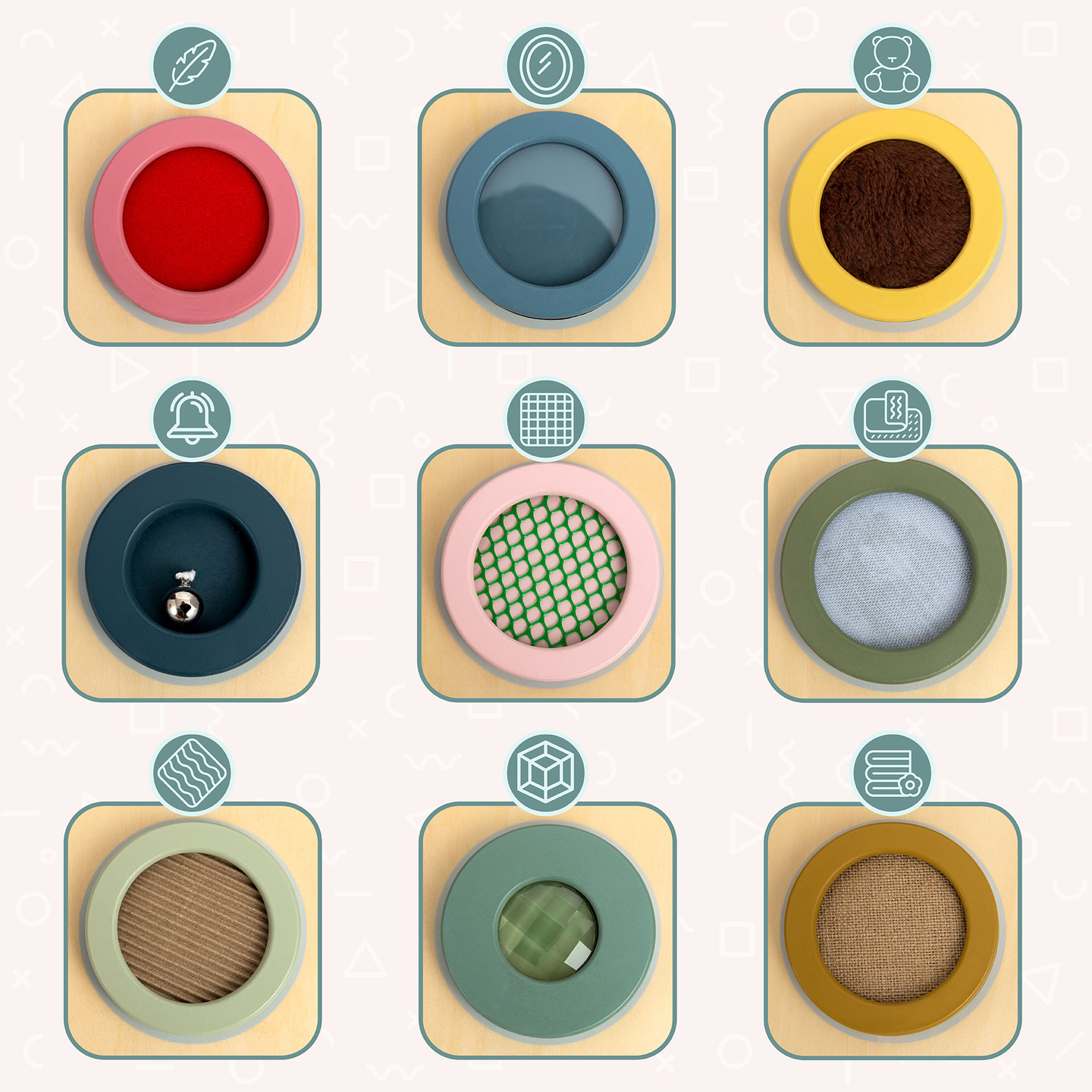 Medinė Montessori sensorinė lenta – 9 tekstūros, skirtos atrasti ir lavinti lytėjimo pojūtį