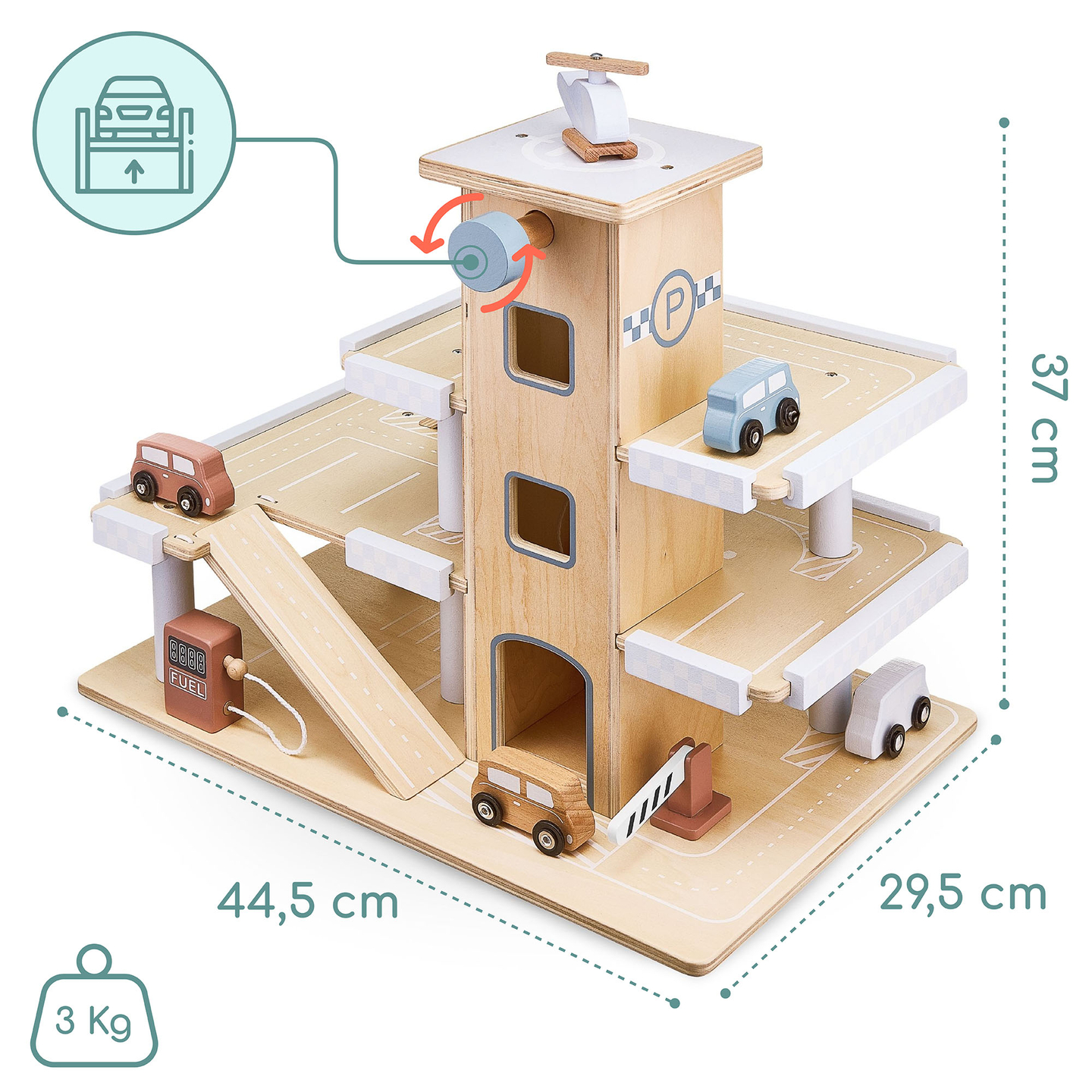 Medinė trijų aukštų automobilių stovėjimo aikštelė su liftu - garažas automobiliams ir sraigtasparniui