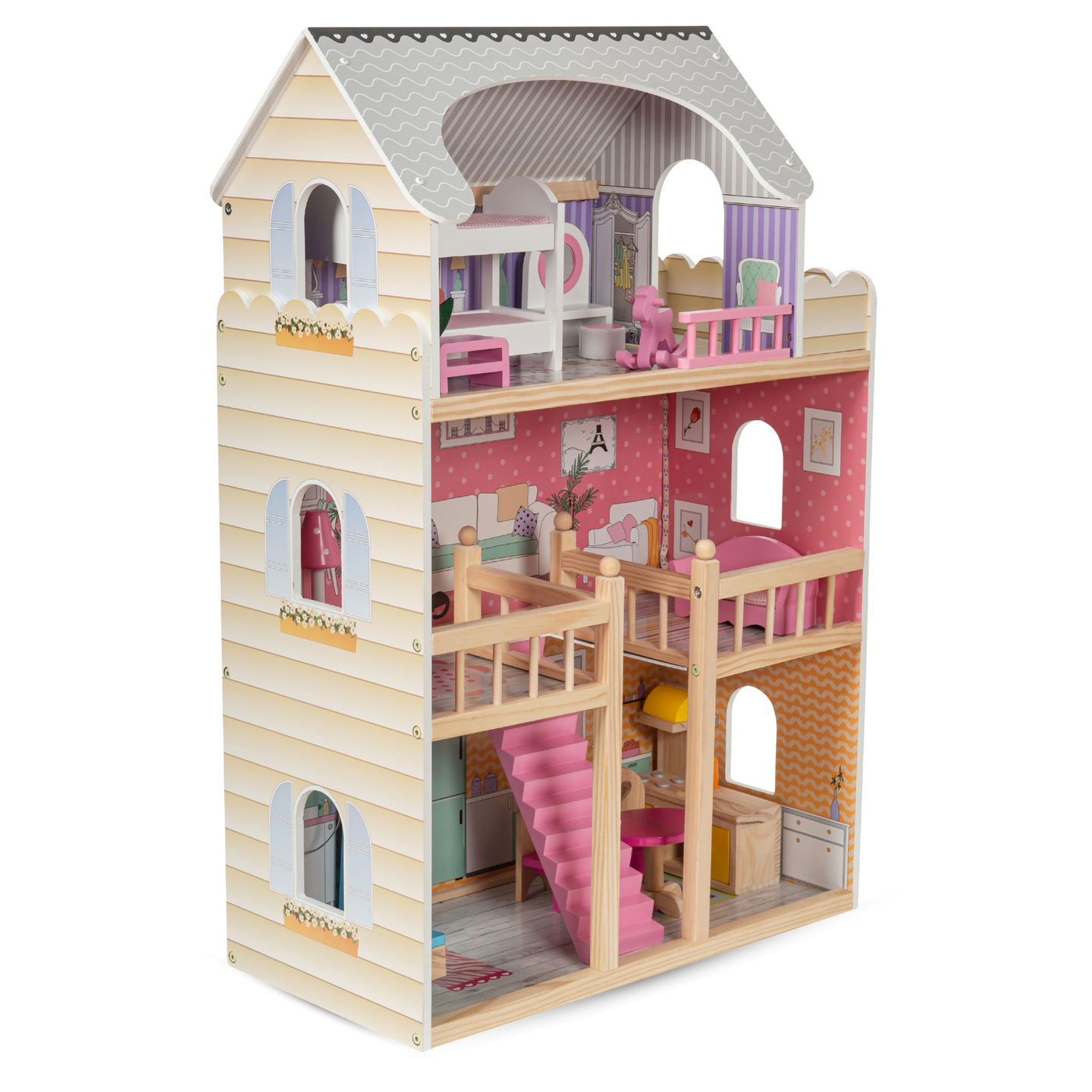 Didelis medinis trijų aukštų lėlių namelis su terasa, baldų komplektu ir LED apšvietimu!