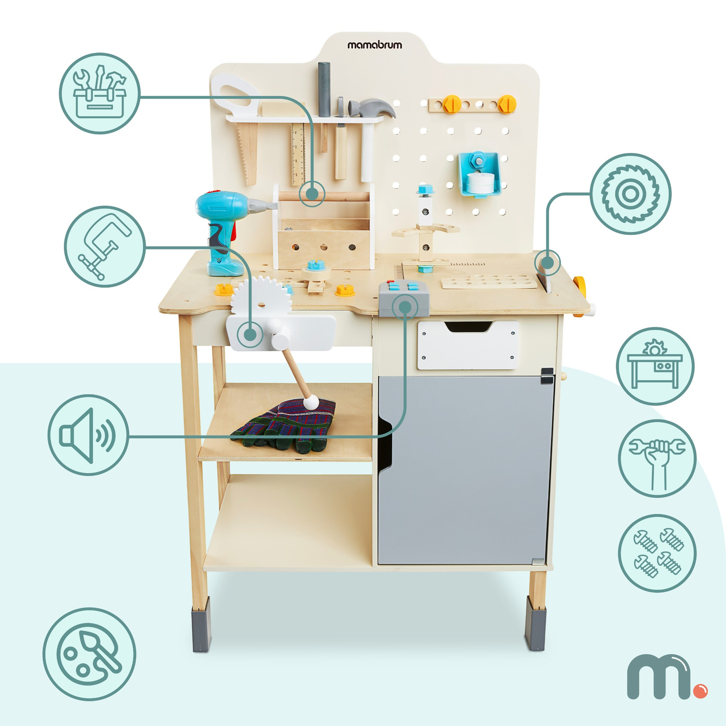 XXL Didelės medinės dirbtuvės su įrankiais - "pasidaryk pats" rinkinys, 74 elementai