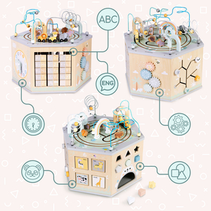 Didelis medinis edukacinis kubas - Montessori žaislas su magnetiniu traukiniu ir variklio kilpomis