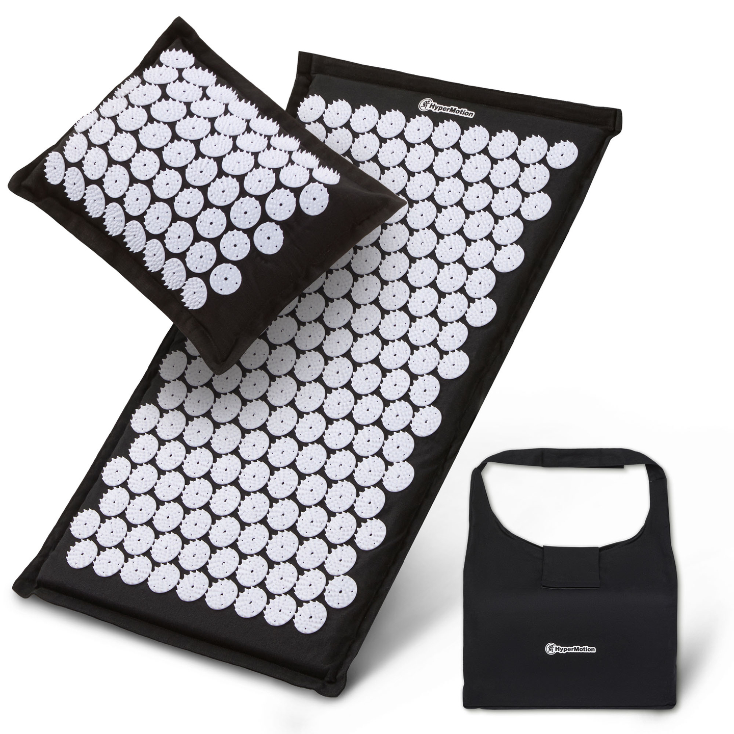 EKO lininis akupresūros kilimėlis su kokoso pluoštu ir grikių pagalvėle – 68 cm „HyperMotion“ juodos ir baltos spalvos