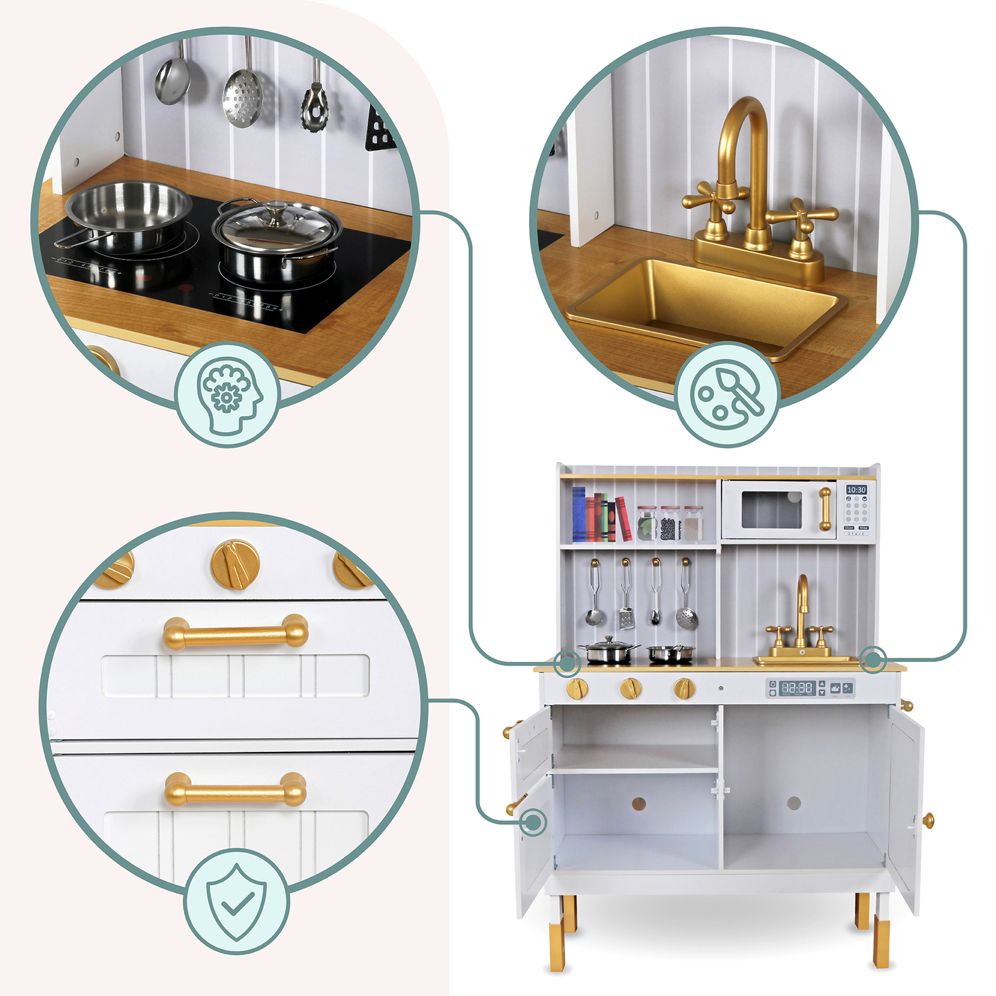 Medinė balta virtuvė su priedais ir prijuoste