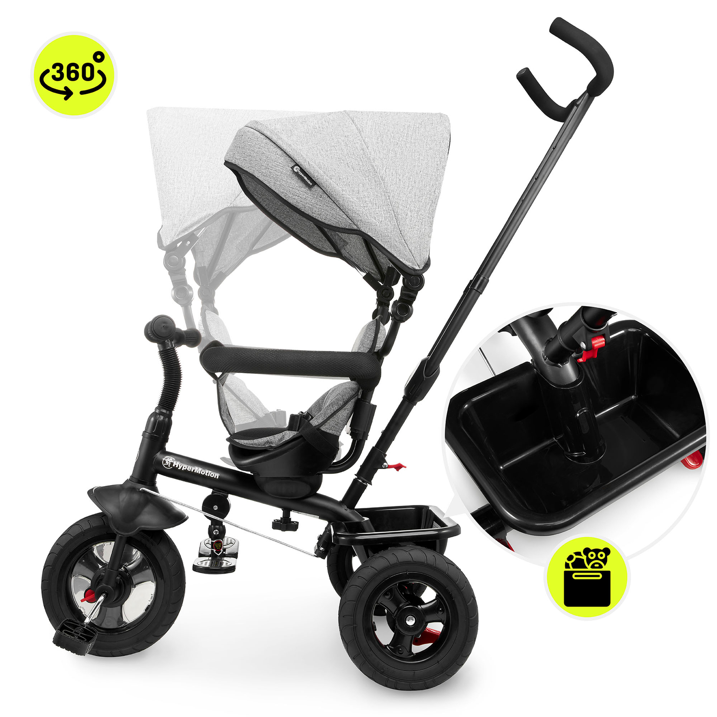 Triratukas 1-4 metų vaikams - TOBI FREY - pilka spalva - pasukamas - pompiniai ratai + stūmiklis