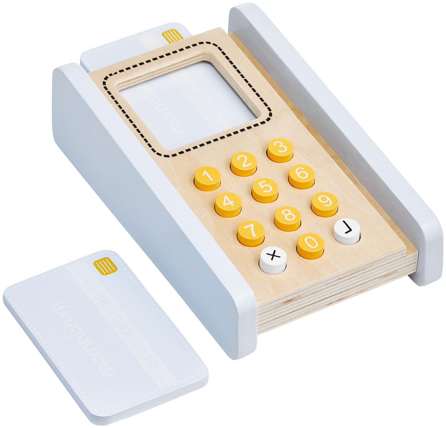 Daržovių parduotuvė - medinis prekystalis su dėžėmis, kasos aparatu ir terminalu