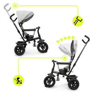 Triratukas 1-4 metų vaikams - TOBI FREY - pilka spalva - pasukamas - pompiniai ratai + stūmiklis