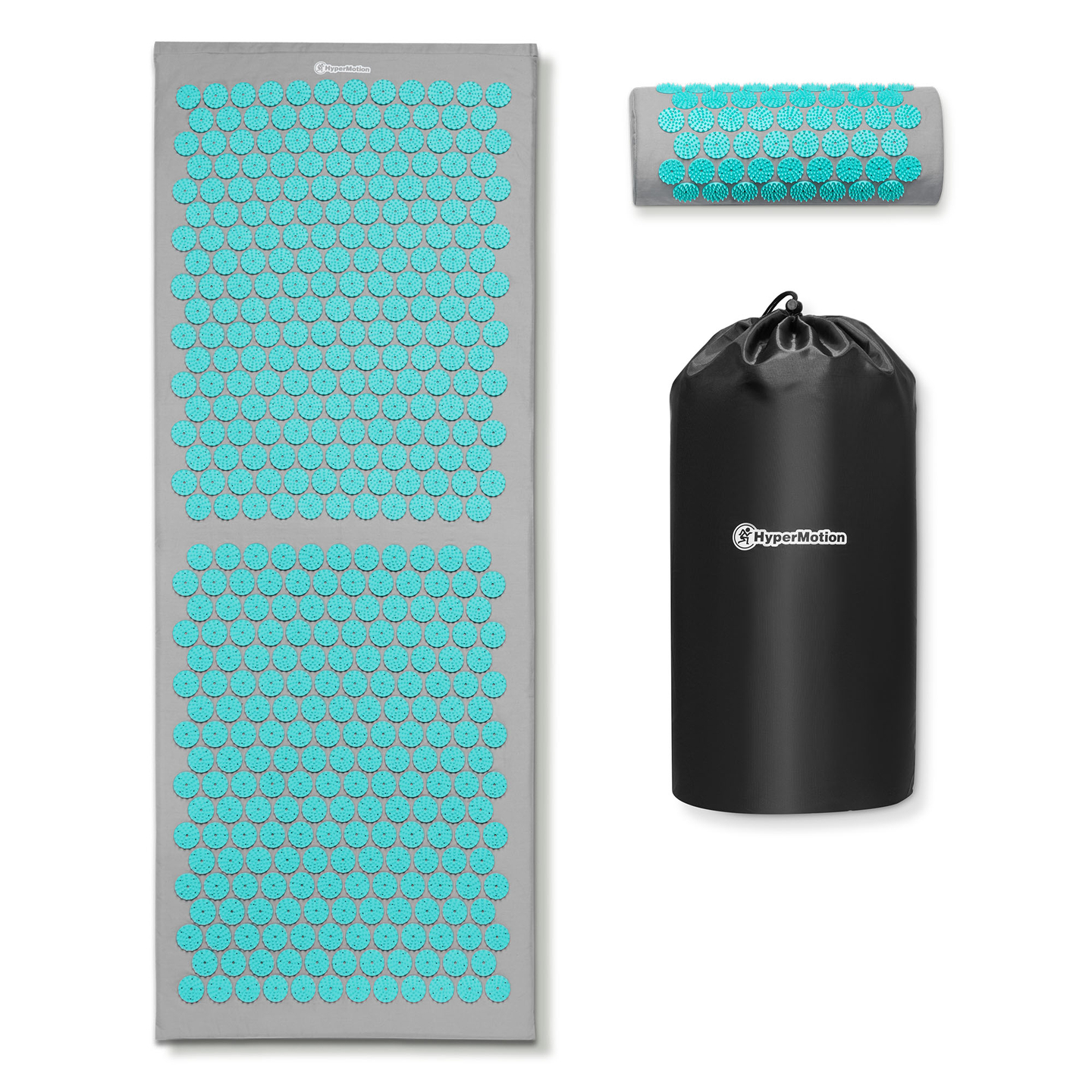 Didelis akupresūros kilimėlis su pagalvėle ir užvalkalu – 130 cm „HyperMotion“ pilkai mėtinis