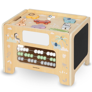 Medinė manipuliatorių dėžutė - Montessori lenta su gyvūnų figūrėlėmis ir sėdyne
