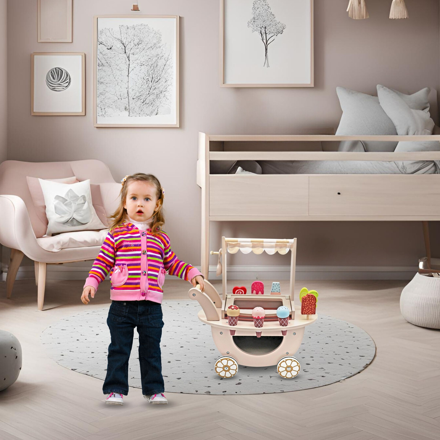 Medinė ledų salė vaikams - vežimėlis ant ratukų su priedais