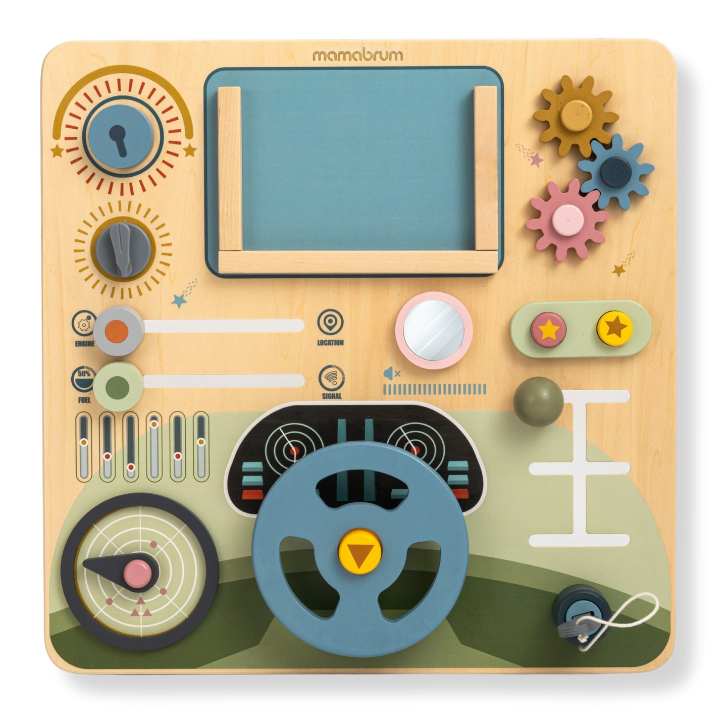Medinė Montessori lenta 2 viename Vairuotojo ir piloto kabina – vairas, pavarų perjungimo svirtis, kelionių žemėlapiai, radaras