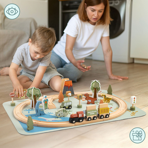 Dino parko medinis traukinukas su neslystančiu kilimėliu - dinozaurai, traukinukas, bėgiai, ugnikalnis, varpas