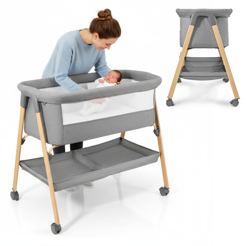 Vaikiška lovelė, laisvai stovinti, kelioninė lovelė, lopšys su čiužiniu - pilka