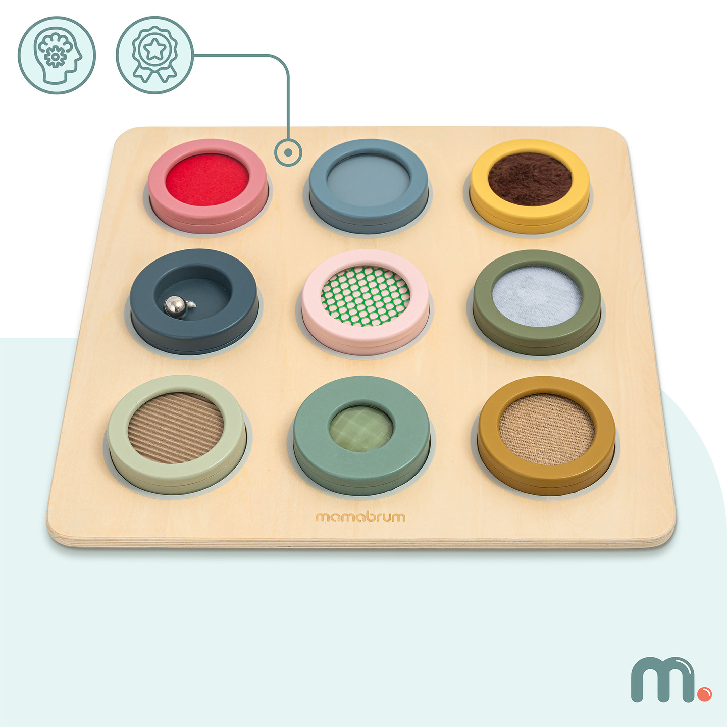 Medinė Montessori sensorinė lenta – 9 tekstūros, skirtos atrasti ir lavinti lytėjimo pojūtį