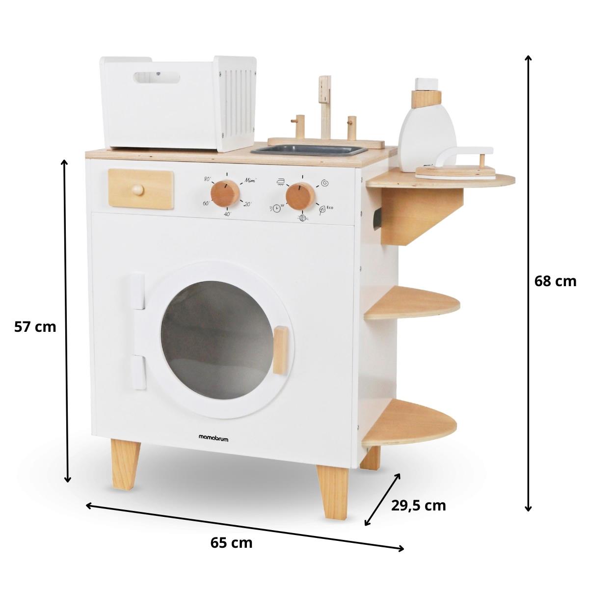 Medinė skalbimo mašina su lygintuvu, krepšeliu ir skalbimo skysčiu