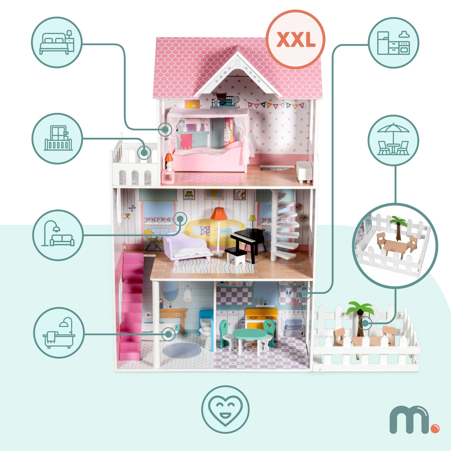 XXL Didžiausias medinis lėlių namelis - 123 cm - LED apšvietimas - terasa, aksesuarai, sodas
