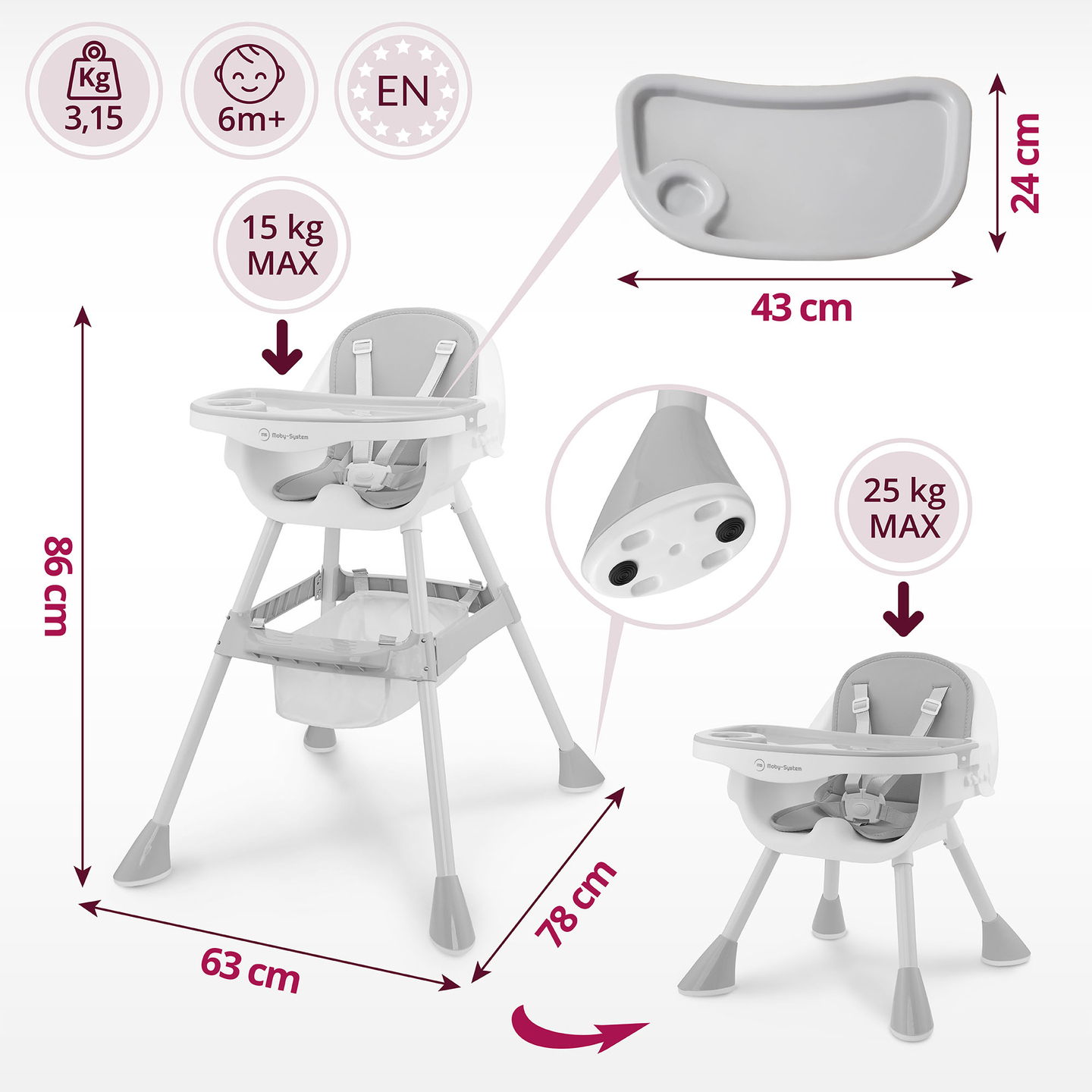 "Moby-System Magnolia" reguliuojama aukštakulnė kėdutė "2-in-1" - pilka