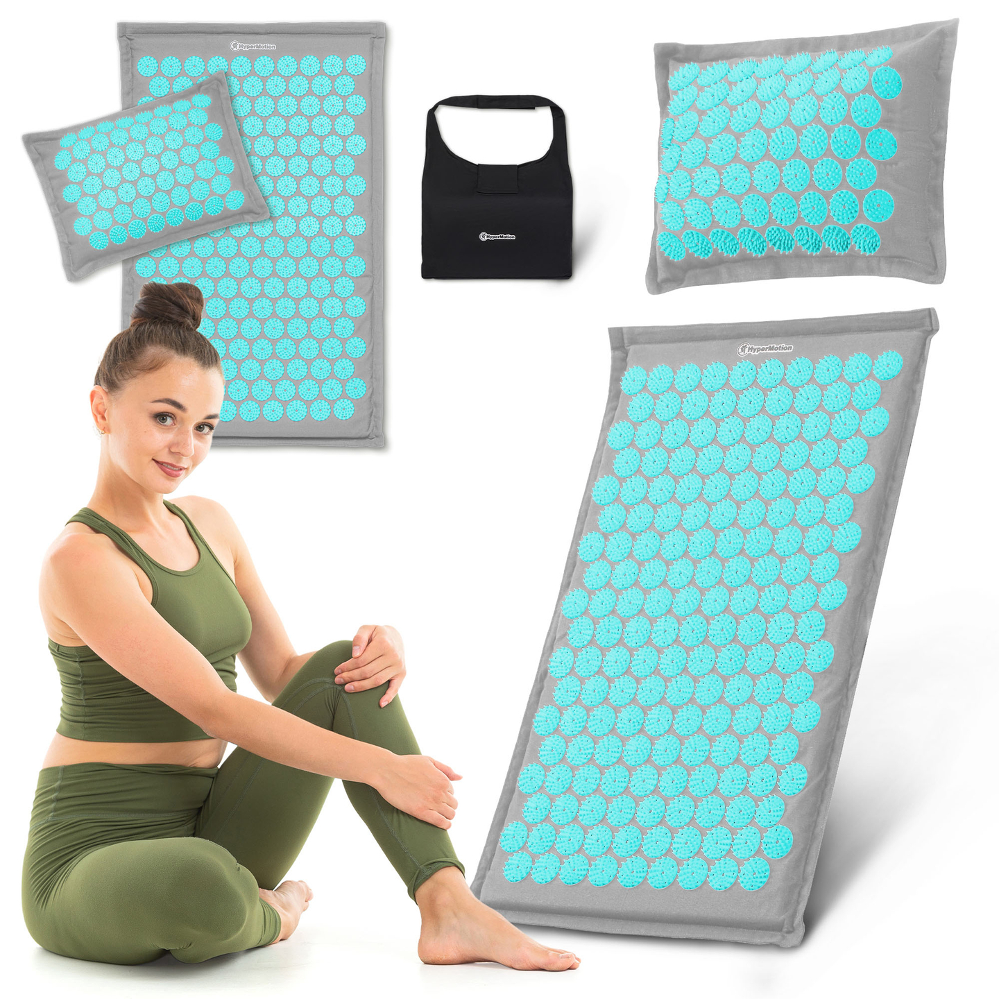EKO lininis akupresūros kilimėlis su kokosų pluoštu ir grikių pagalvėle – 68 cm „HyperMotion“ pilka-mėtinė