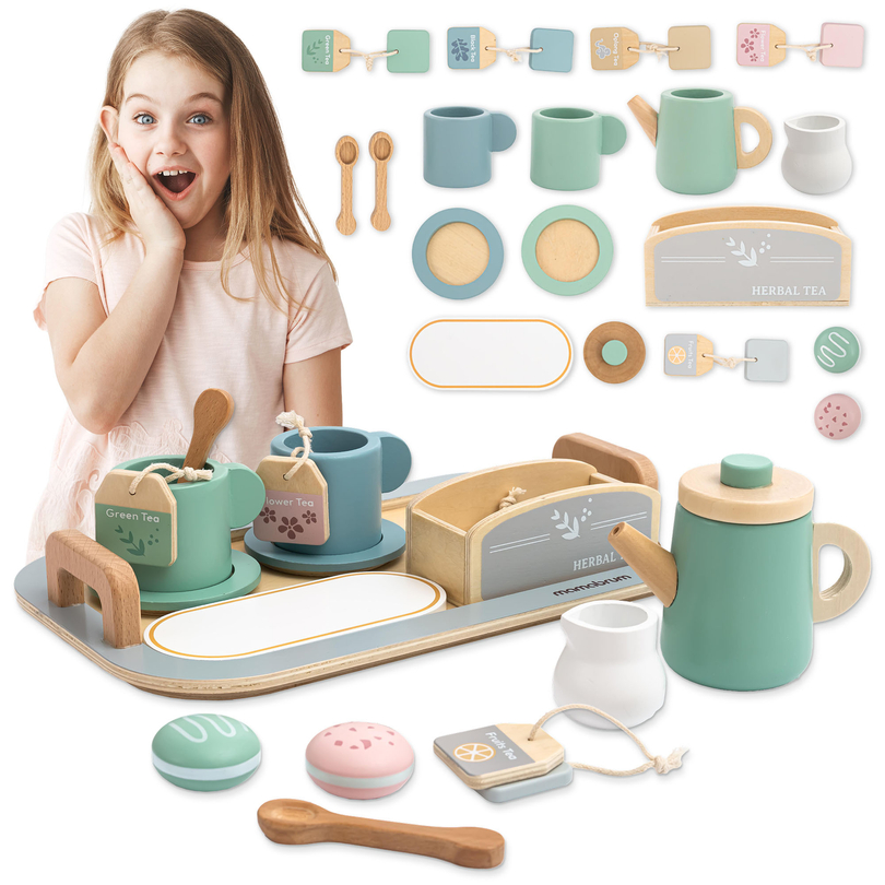 Didelis medinis arbatos rinkinys su padėklu - 18 vienetų