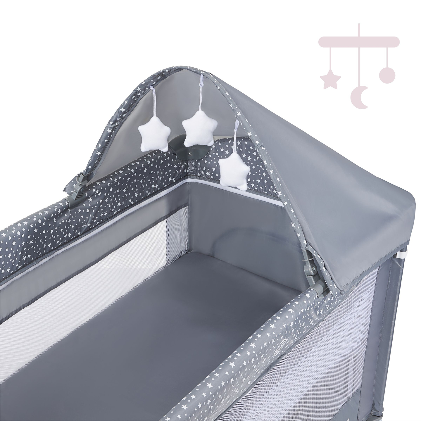 Kelioninė lovelė / maniežas 2 lygiai su persirengimo stalu, stogu ir Happy Traveller BASIC PLUS čiužiniu - pilkas