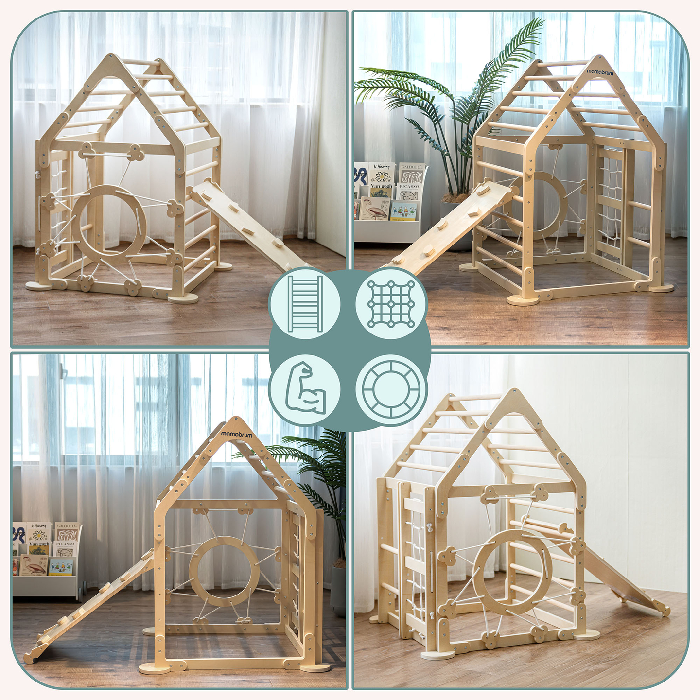 Medinė žaidimų aikštelė vaikams viduje – namelis su kopėčiomis ir čiuožykla