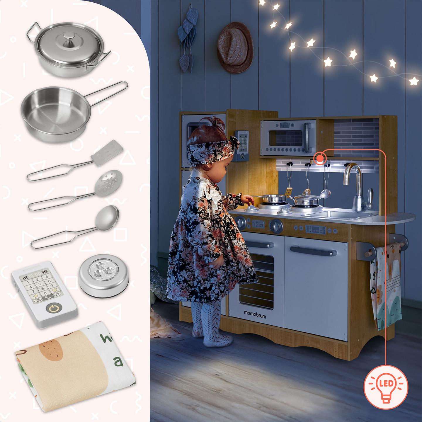 XXL medinė virtuvė su LED apšvietimu, prijuoste ir priedais