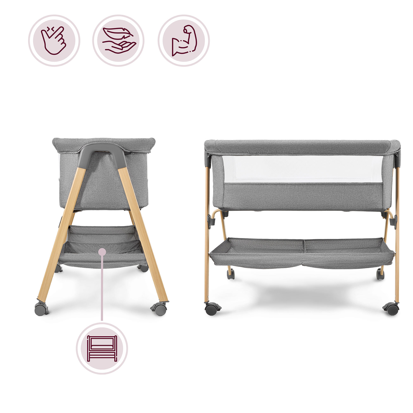 Vaikiška lovelė, laisvai stovinti, kelioninė lovelė, lopšys su čiužiniu - pilka