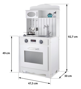 Balta medinė virtuvė su prijuoste, priedais ir LED lempa
