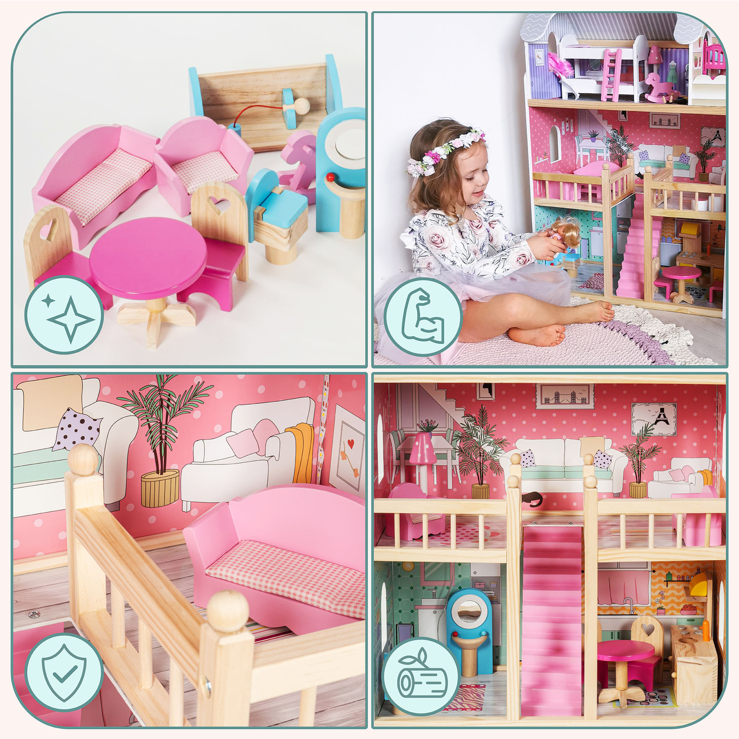 Didelis medinis trijų aukštų lėlių namelis su terasa, baldų komplektu ir LED apšvietimu!